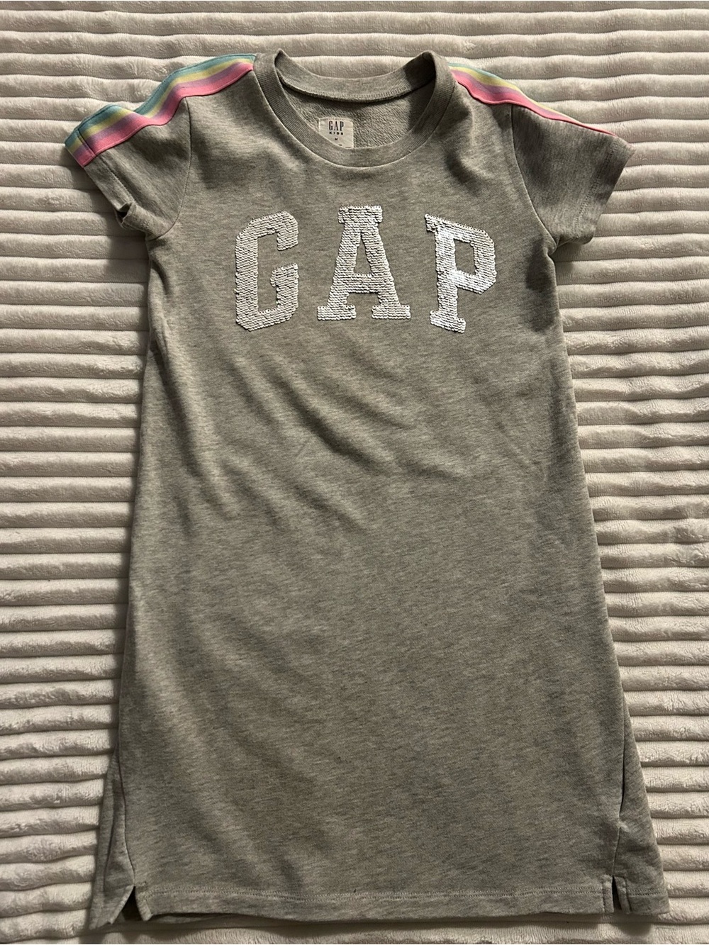 GAP Gray Tee Dress with Pastel Rainbow Shoulder Stripes